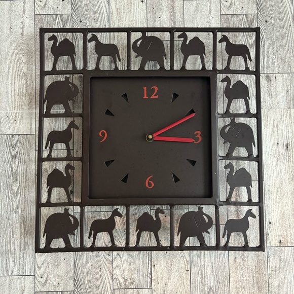 Square Black Metal Wall Clock Laser Cut Camels & Elephants Battery Operated - Picture 1 of 5
